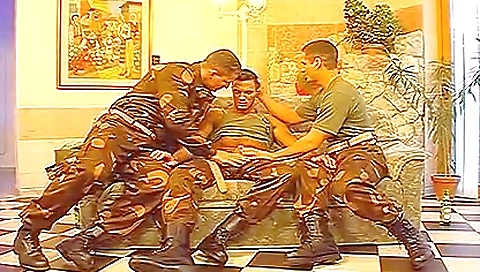 Military men are sharing a throbbing deepthroat with the third one