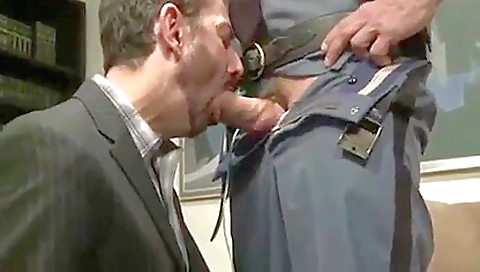 Brunette cop with a tattooed uniform fucked by a psychologist