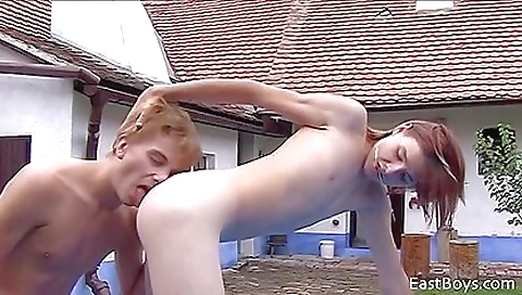 Red head gets a big cumshot in her mouth and pussy outdoors