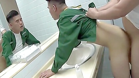 Asian babe with a big bob gets a big deep throat in a public toilet