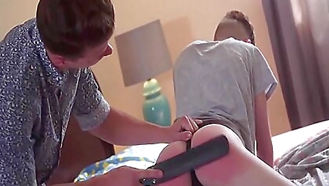Spotted stepbrother gets on knees and lets the busty bitch spread